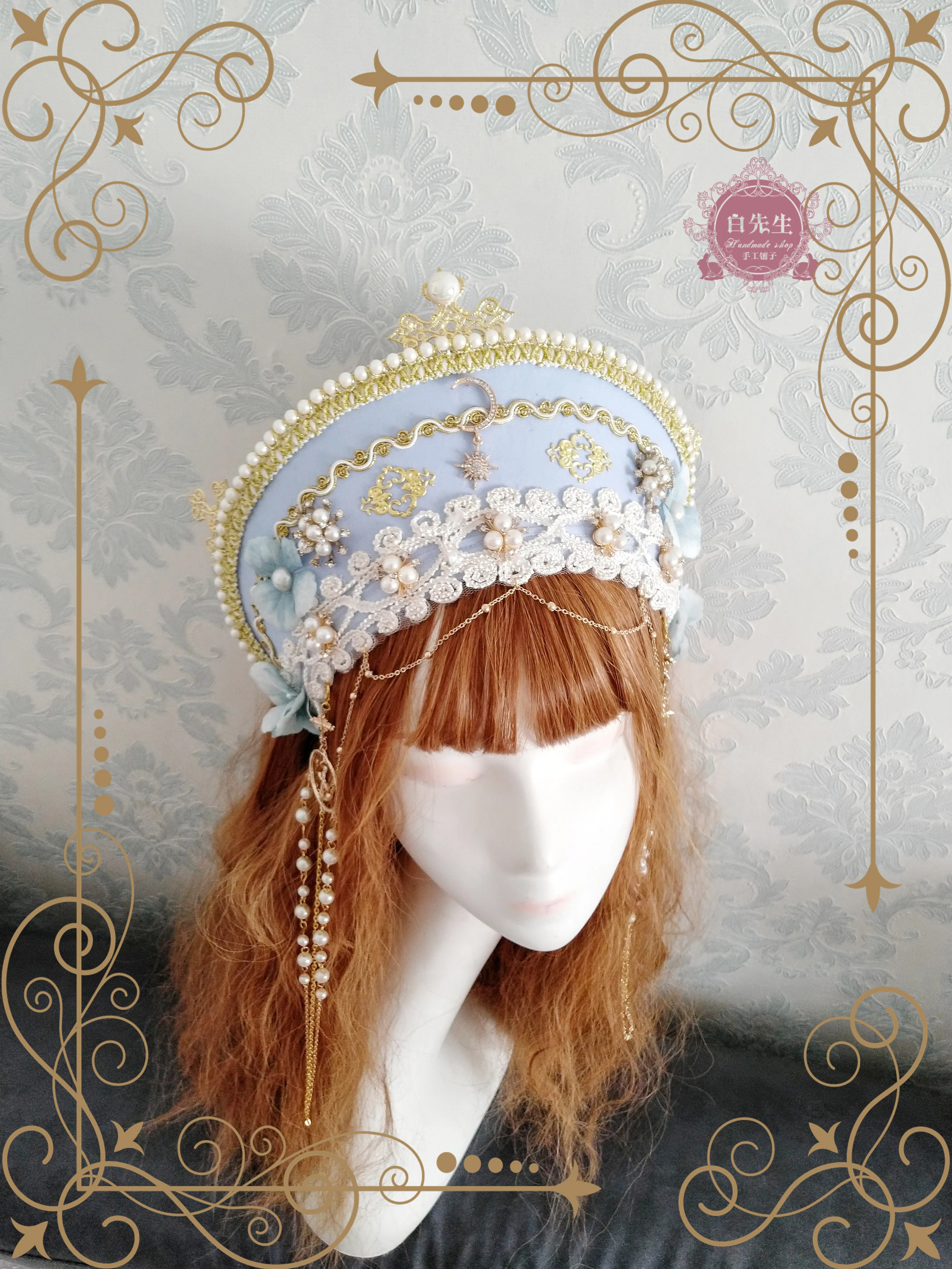 

Lolita hand-made Virgin hair crown Tudor crown headband Spring flower feast retro Cosplay Gorgeous Pearl Chain Court Retro Crown