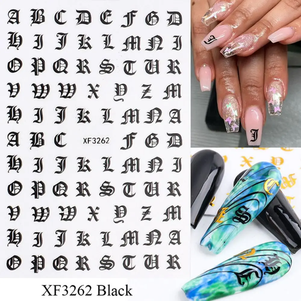 

Новые английские слова, черные лазерные серебряные 3D наклейки для ногтей, клейкие наклейки, буквы алфавита