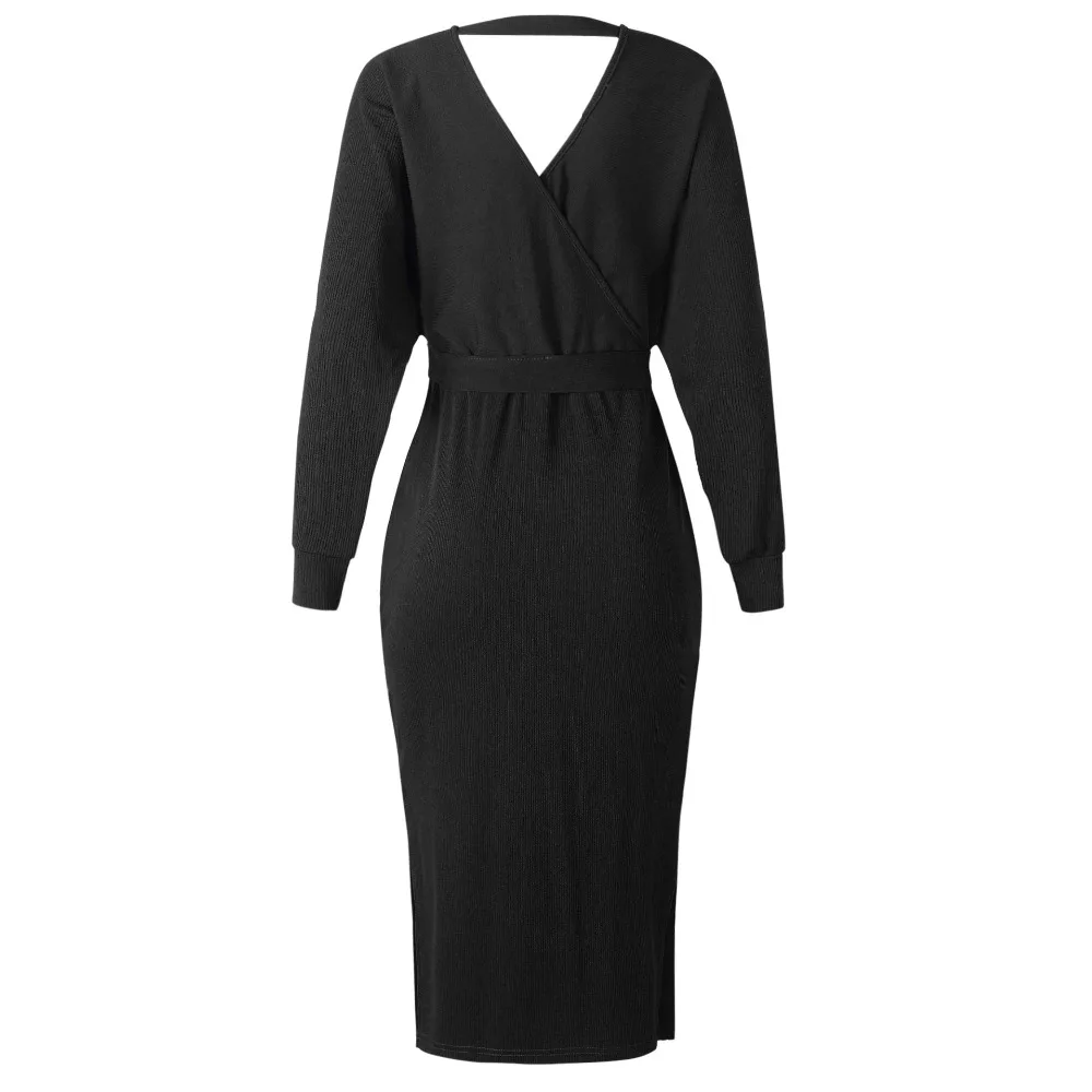 Длинное платье vestidos vestido Женское зимнее платье с длинным рукавом женское платье с v-образным вырезом трикотажные вечерние платья Длинные Сексуальные s m l xl
