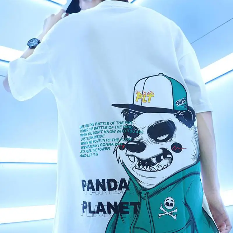 

Summer Trend Short-sleeved T-shirt Personality Fashion Hong Kong Style Hip-hop Loose Men Increase Cartoon Anime Printed T-shirt