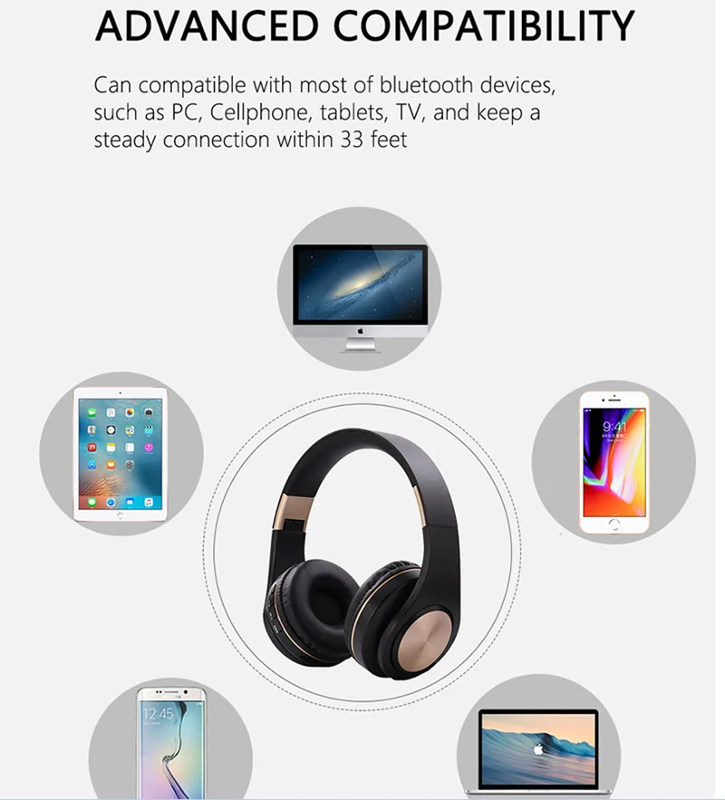 Беспроводные наушники над ухом Bluetooth наушники Складная гарнитура Регулируемые наушники с микрофоном для ТВ сотовый телефон ПК