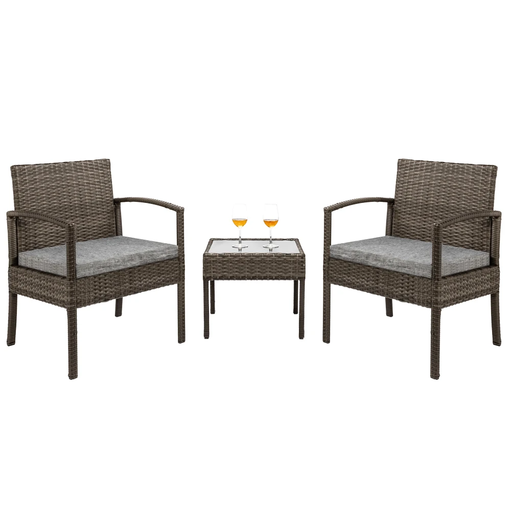 

3Pcs Outdoor Patio Furniture Set Include 2 Cushioned Chairs & 1 End Coffee Table Wicker Rattan Grey[US-Stock]