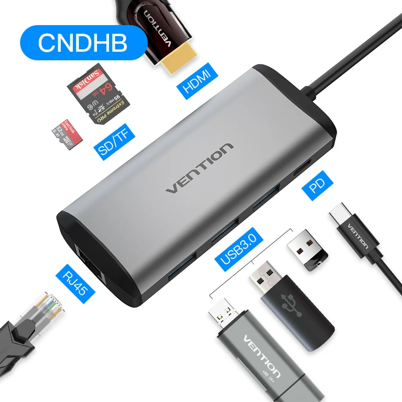 VEnTIO usb-хаб все в одном USB-C к HDMI VGA кард-ридер RJ45 PD адаптер для MacBook samsung Galaxy S8 mate 10 type C концентратор USB 3,0 - Цвет: CNDHB 8 in 1