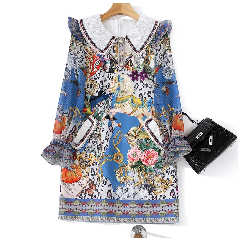 

Summer New Quality Women'S Casual Party Comfortable Vintage Adorable Beaded Trumpet Sleeve Exquisite Print Elegant Mini Dress