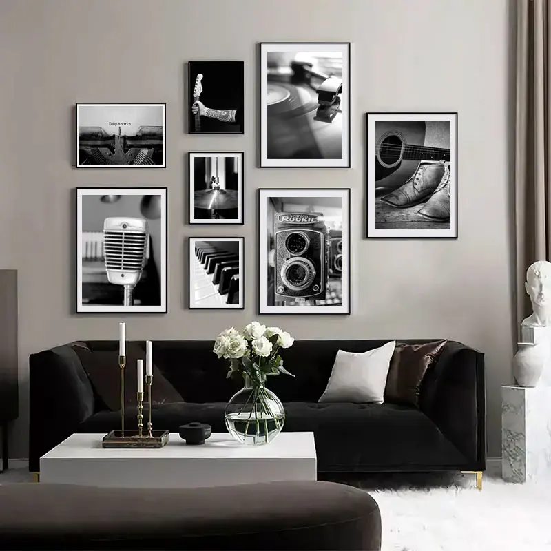 

Vintage Poster Canvas Painting Camera Guitar Piano Drum Microphone Record Antique For Wall Art Living Room Decor Prints Pictures