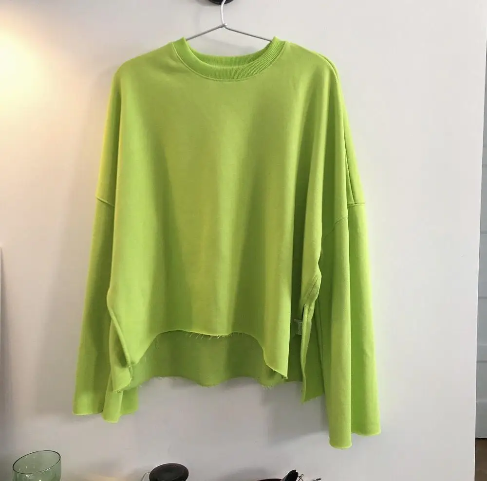 Корейская шикарная флуоресцентная зеленая Однотонная рубашка с круглым вырезом