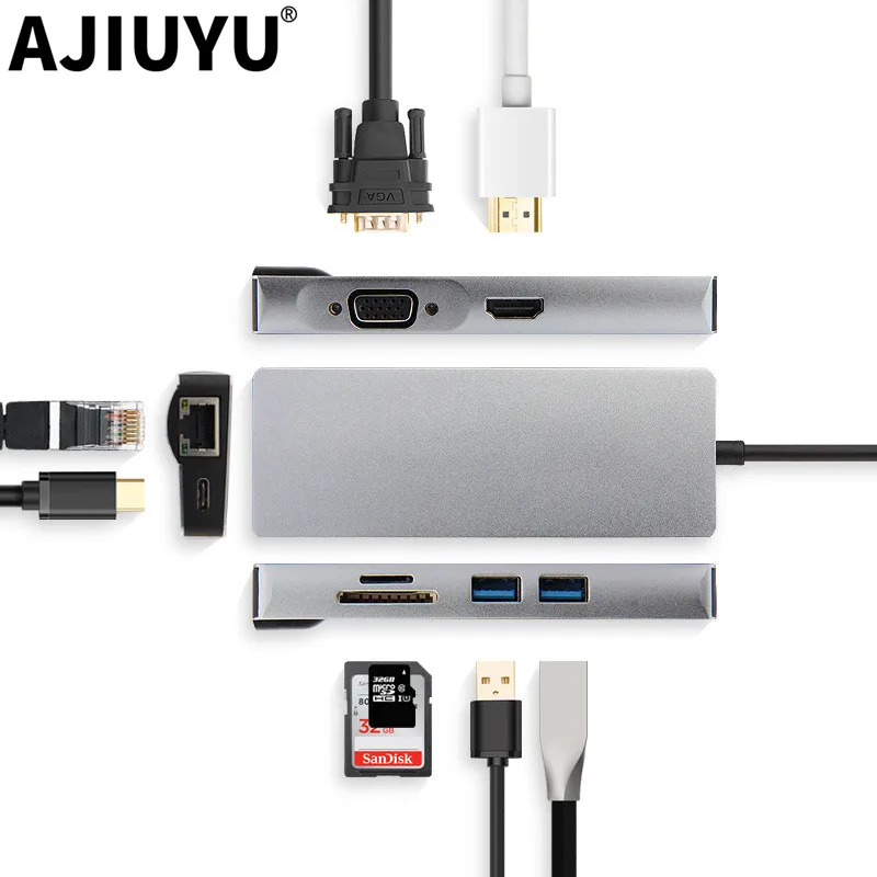 

AJIUYU USB C Hub Type-C Adapter Dock Thunderbolt 3 Multi Port HDMI VGA USB RJ45 Gigabit Ethernet Splitter For MateBook Pro Air