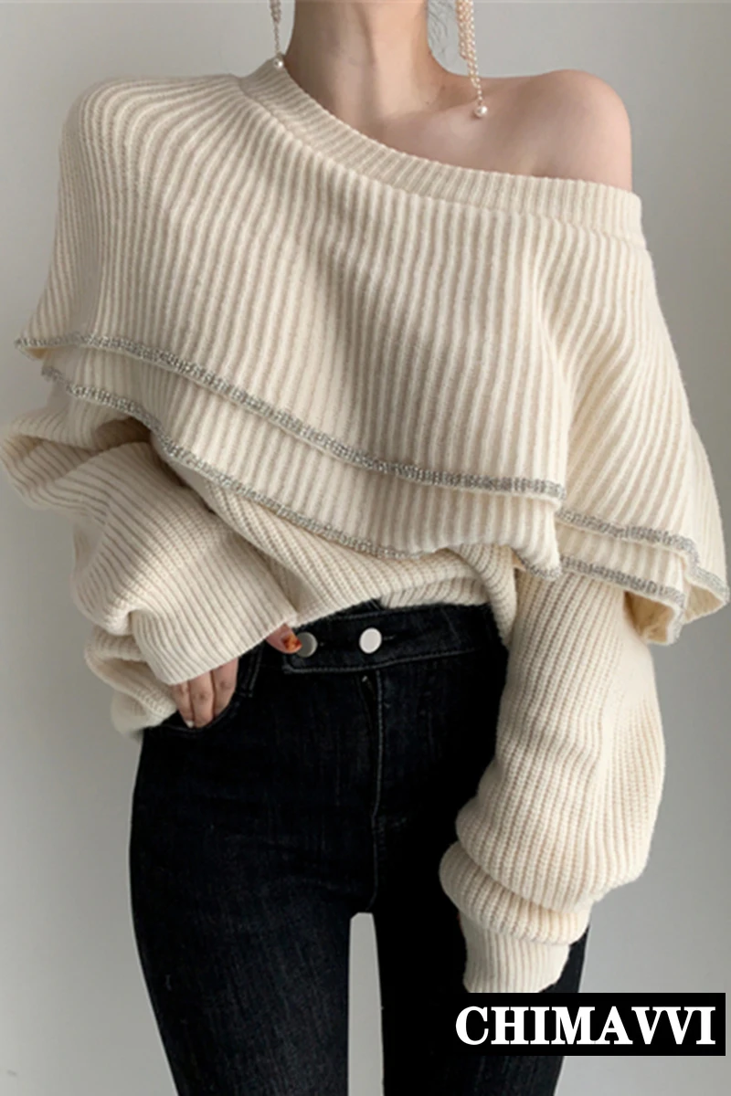

2021 New Double Layer Ruffles Off Shoulder Bright Silk Edging Stitching Long-sleeved Knit Sweater Women Sweet Knitwear