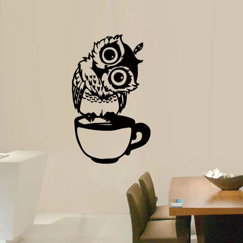 

Cute Cartoon Owl In The Cup Wall stickers Coffee Decorative Decal For Kitchen Dining Room Vinyl Decals For Cafe Bar Home Decor