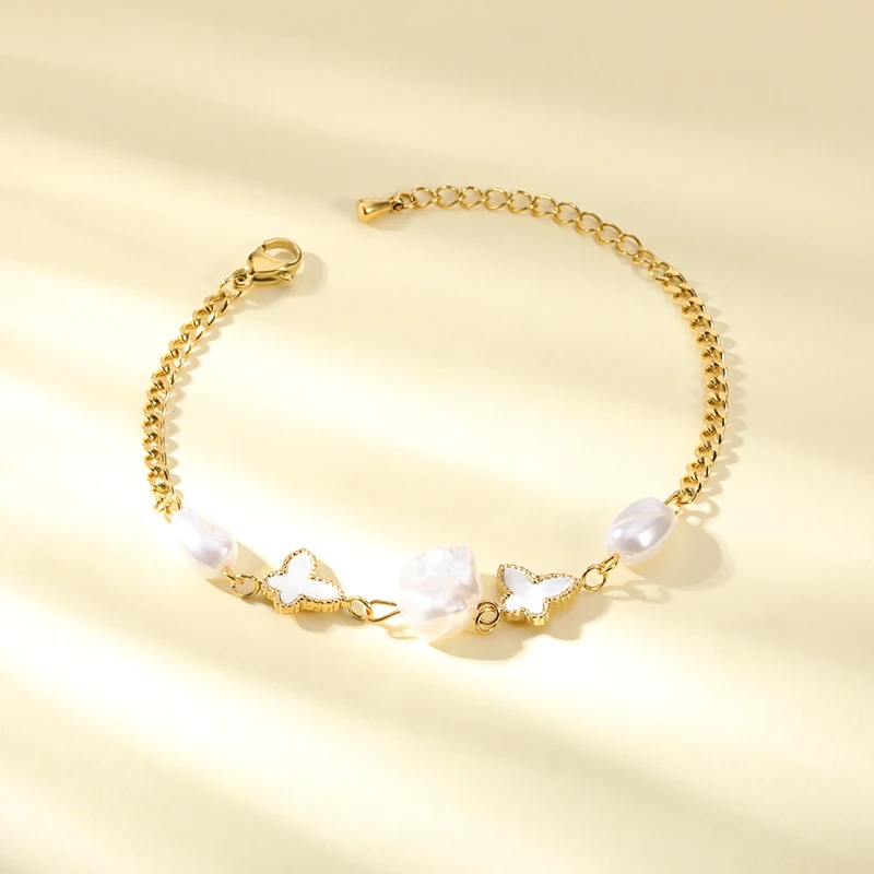 

2021 New Arrival Gold Butterfly Pearl Bracelet Stainless Steel Adjustable Bracelet For Women Simple Fashion Jewelry Party Gifts