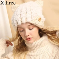 xthree rabbit fur wool knitted hhat winter womens hat skullies bbeanies hat for wwomen girls kitty hat women cap