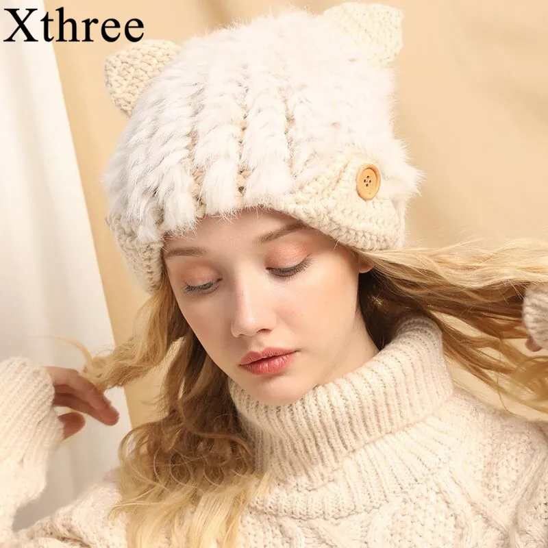 Xthree шапка из кроличьего меха и шерсти вязанная Hhat Зимняя женская Skullies Bbeanies для женщин девочек Китти