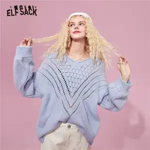 Женский вязаный пуловер ELFSACK, однотонный минималистичный пуловер с вырезами, повседневный базовый Повседневный свитер, осень 2020