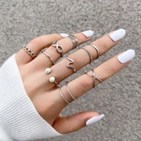 fashion pearl irregular silver color chain rings set for women punk hip hop personality finger rings female party jewelry gift