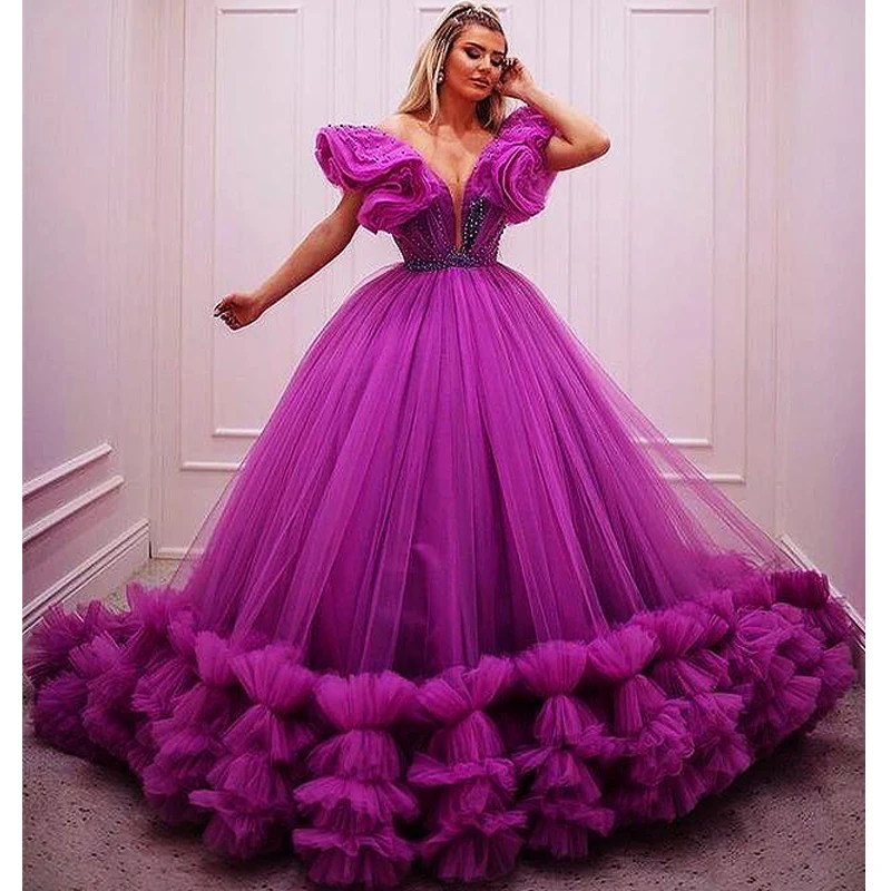 

Фиолетовое бальное платье, вечерние платья, многослойная юбка с V-образным вырезом, бальное платье для выпускного, плиссированное Тюлевое п...