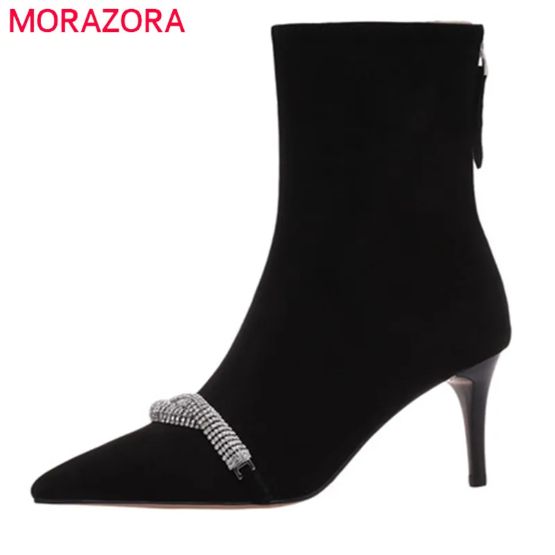 

MORAZORA 2022 Newest Black Party Wedding Shoes Women Ankle Boots Zipper Pointed Toe Thin High Heels Autumn Boots Women