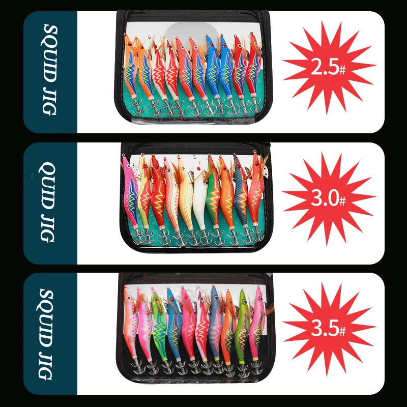 AS 10pcs Hard Bait Luminous Shrimp Squid Jigs Set 2.5#3.0#3.5# Sea Fishing Lure Set Artificial Cuttlefish Octopus Winter Fishing