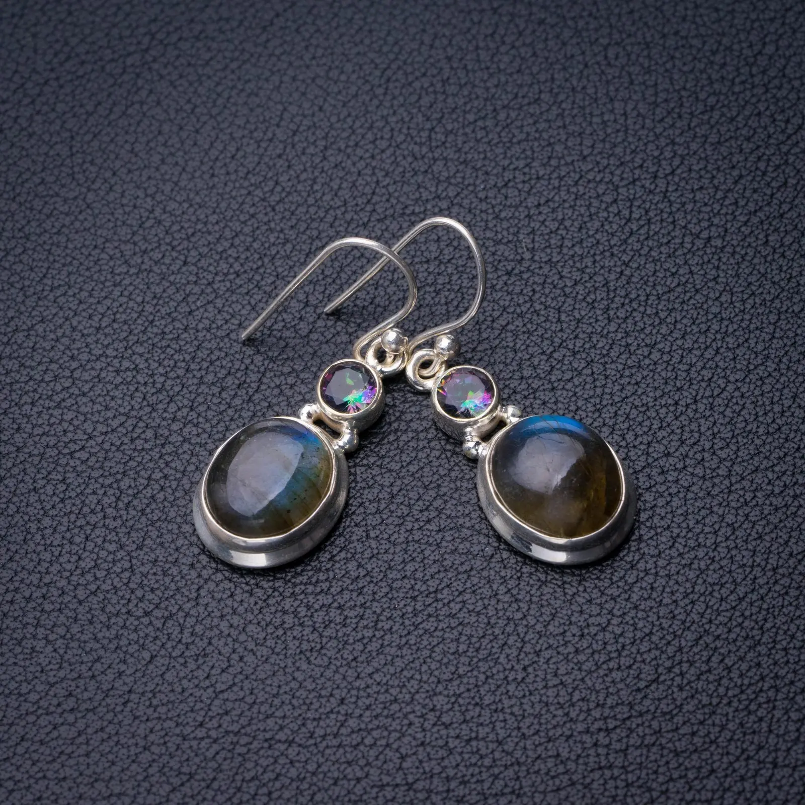 

StarGems Natural Blue Fire Labradorite And Mystical Topaz Handmade 925 Sterling Silver Earrings 1.25" D7726