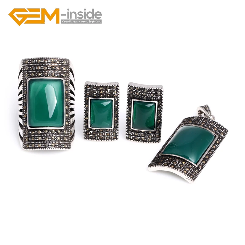 Антикварное Кольцо Серьги Кулон Ювелирные наборы прямоугольник голубое стекло