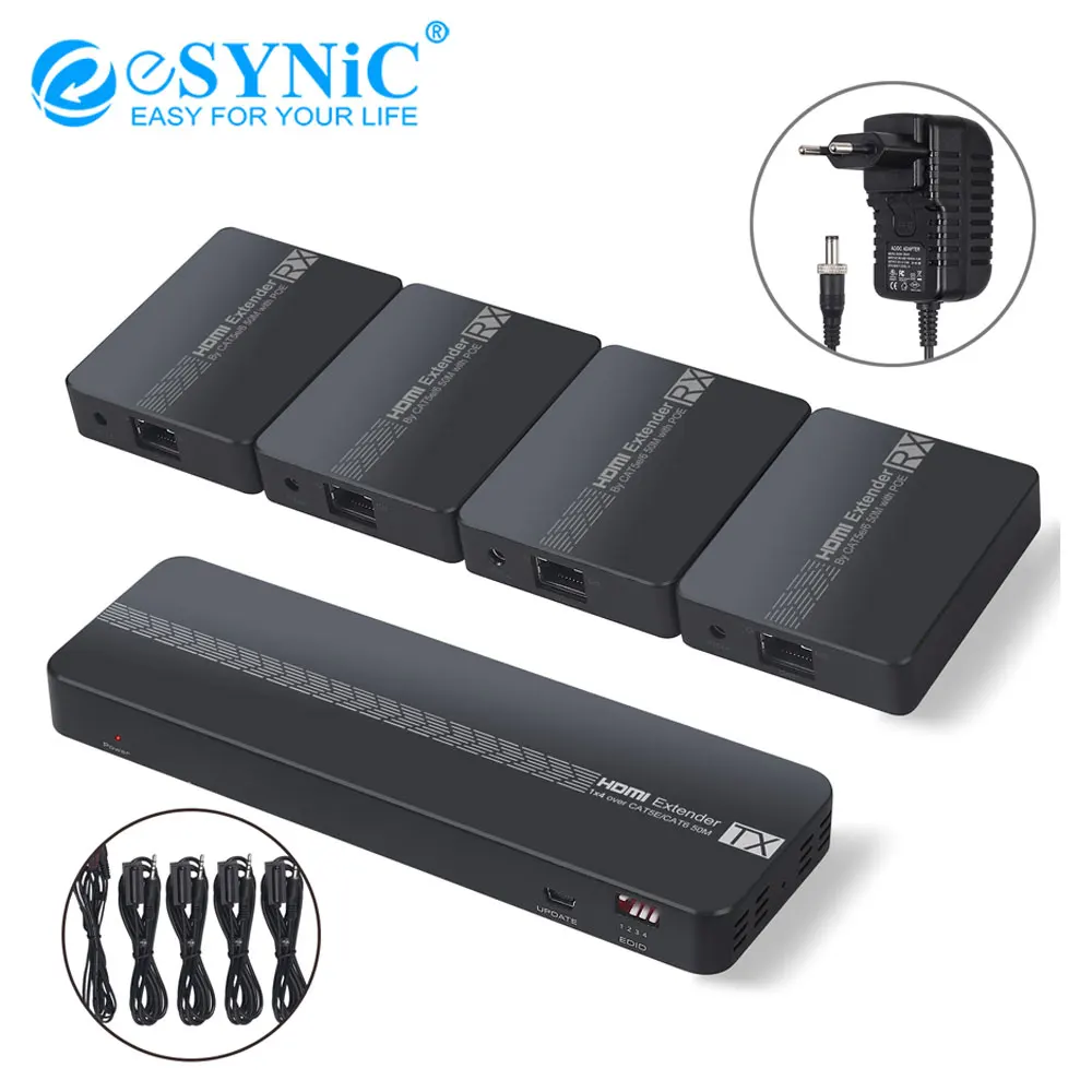 

ESYNiC 1080P HDMI удлинитель разветвитель от 1 до 4 по Ethernet Cat6 / 7 до 50 м с POC Loop Out 30-60 кГц ИК-контроль HDMI удлинитель