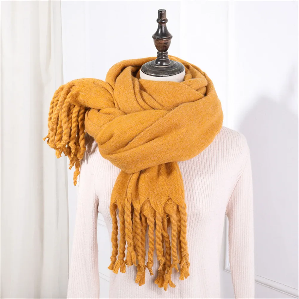 Женский однотонный шарф с кисточками, дамские теплые накидки, зимние кашемировые пушистые шарфы, прямоугольные шали, Женский тканый шарф, пледы
