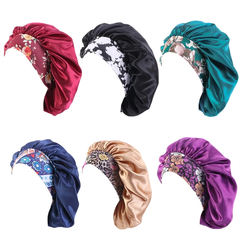 

Women Satin Extra Large Bonnet Sleep Cap Boho Floral Print Elastic Wide Brim Night Hat Hair Protection Turban Head Cover