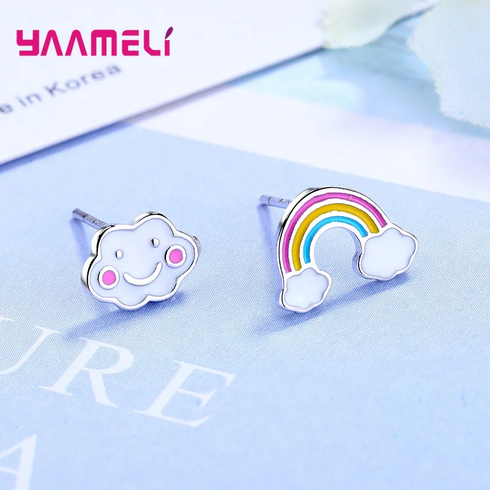 

New Cute 925 Sterling Silver Rainbow Clouds Stud Earrings For Women Girl Simple Personality Jewelry Pendientes Brincos