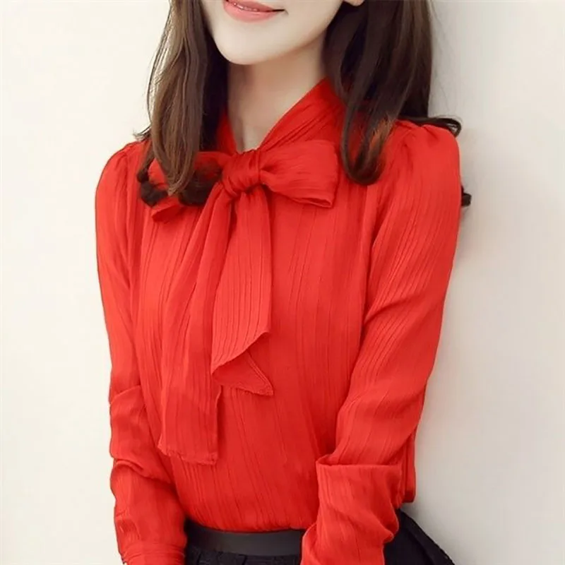 

Women Spring Summer Style Chiffon Blouses Shirts Lady Casual Long Sleeve Bow Tie Collar Chiffon Blusas Tops ZZ0751