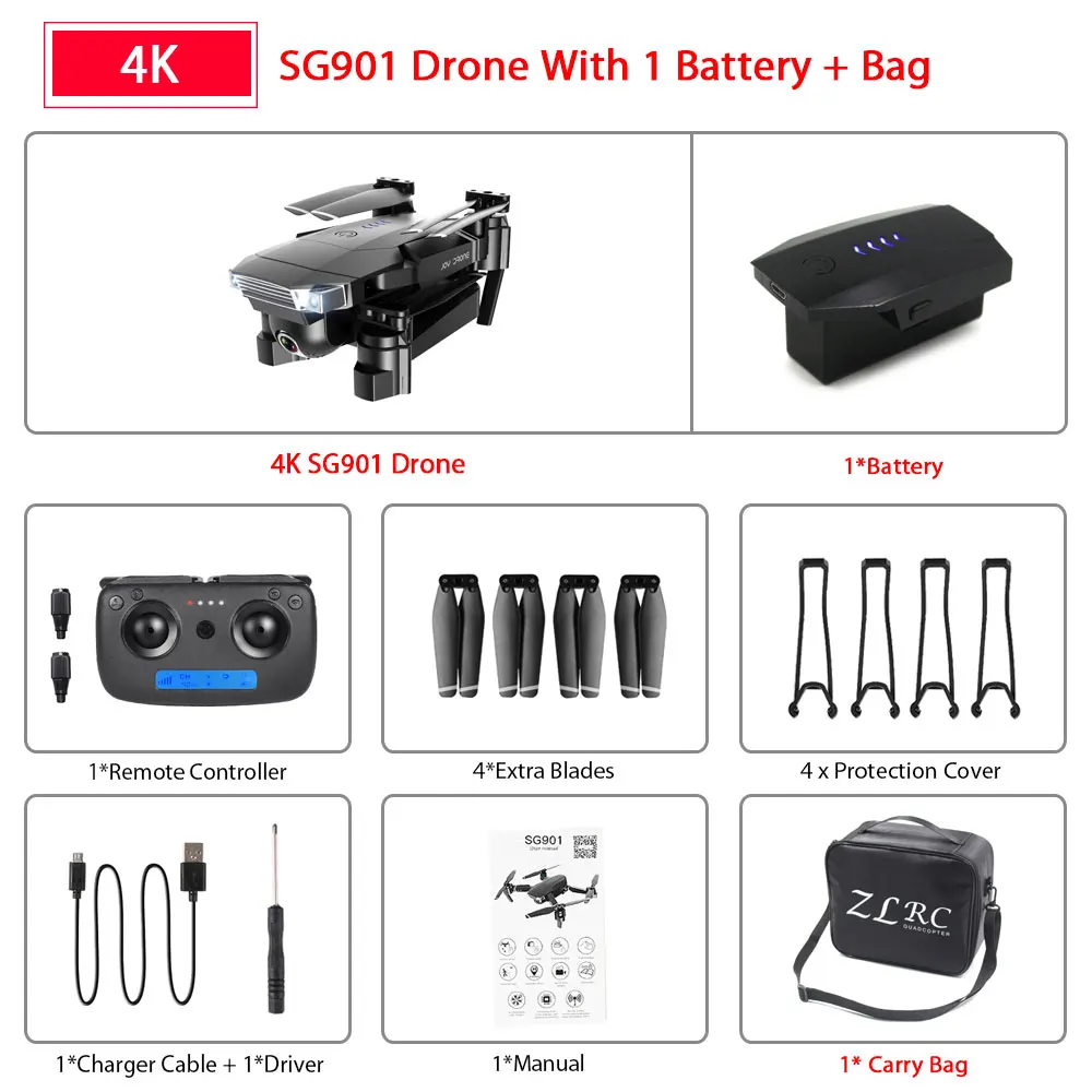 SG901 4K 1B Bag ZWN SG907 SG901 gps Радиоуправляемый квадрокоптер с Wifi FPV 1080P 4K HD Двойная камера оптический поток Дрон следуй за мной мини Дрон VS SG106 E502S - Цвет: SG901 4K 1B Bag