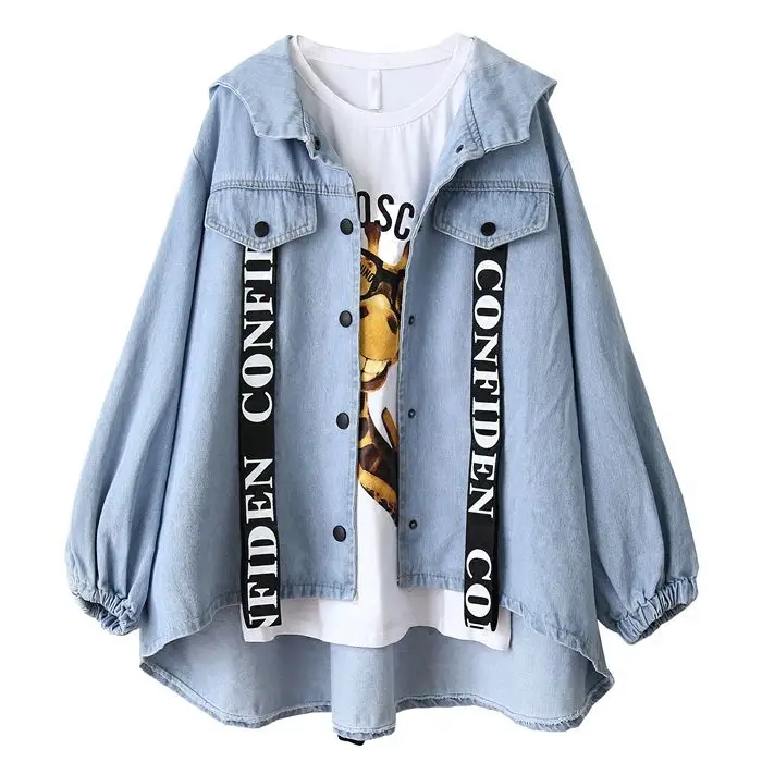 

Harajuku Denim Jacket Kahaki Coat Female Rock Loose Jacket Casual Long Sleeve Women's Denim Jacket Outwear Punk Hoodie