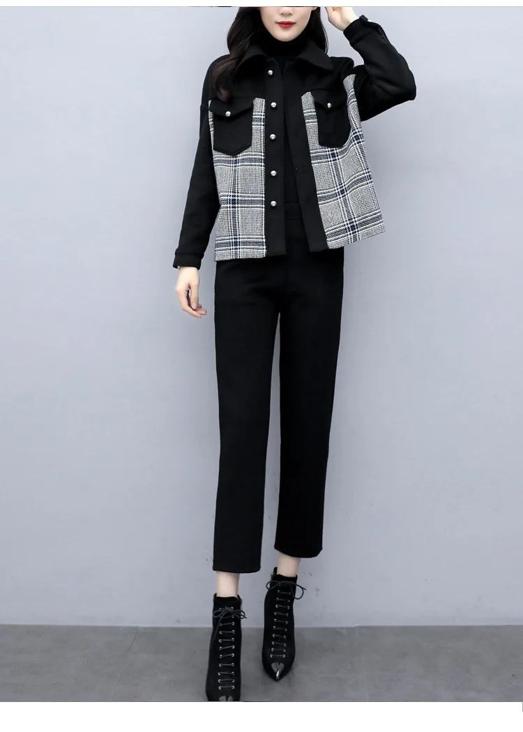 Женское шерстяное пальто из двух предметов клетчатая куртка с отстрочкой