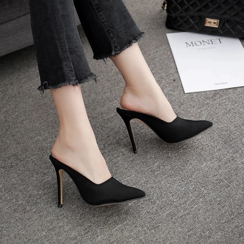 Летние шлепанцы с острым носком на высоком каблуке 11 см 2020 г. Пикантные