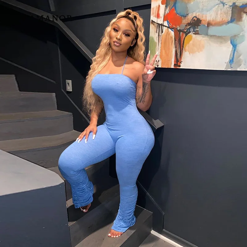 

ANJAMANOR Ruched Stacked Pants One Piece Jumpsuit Sexy Women Clothing Club Outfits Halter Backless Bodycon Rompers D85-CZ24