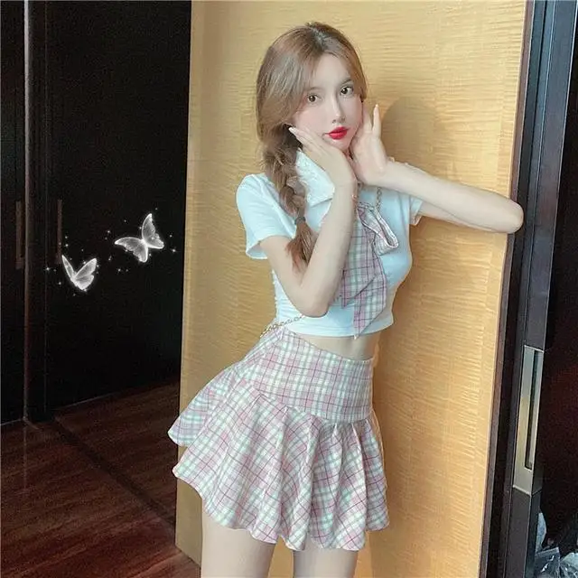 

Short Skirt Top Two-Piece Summer Trendy Preppy Style Short Sleeve Shirt Plaid Tie Pleated Skirt Suit