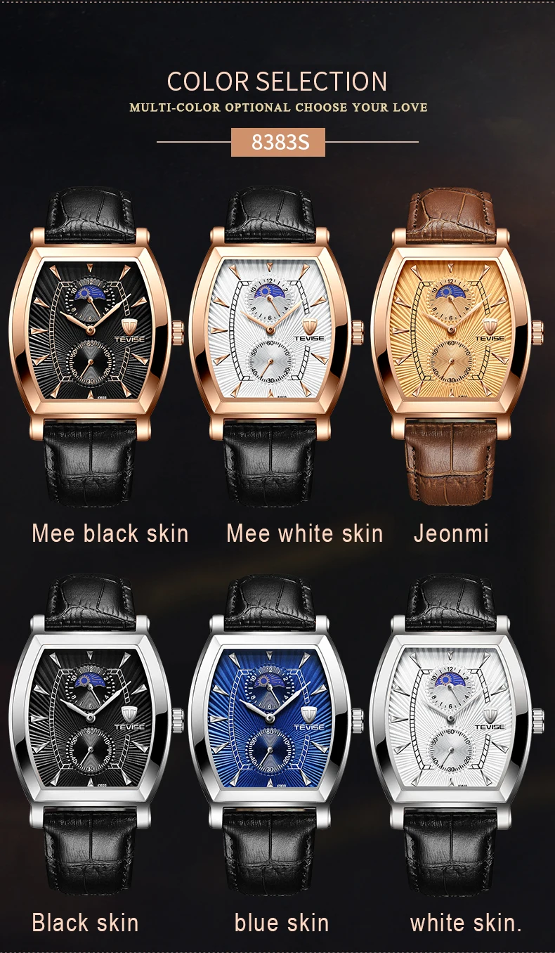 TEVISE 8383S мужские часы Moon Phase настоящие водонепроницаемые кварцевые часы с кожаным ремешком Мужские повседневные наручные часы Relogio Masculino