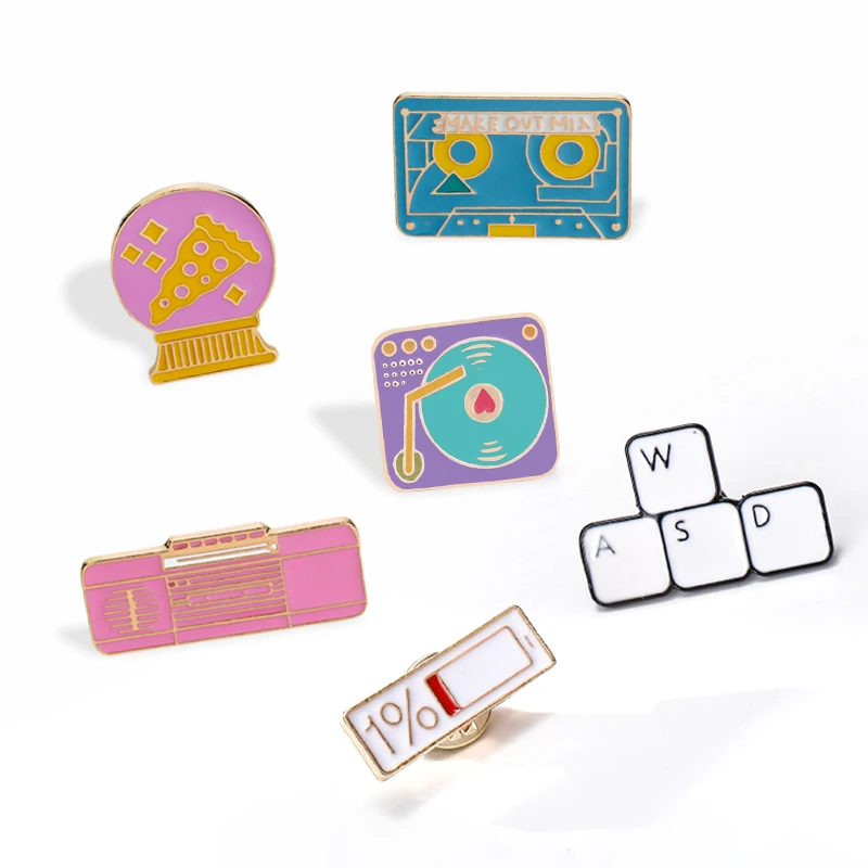 Ceative Cartoon Enamel Pins Battery Keyboard Tape Radio Record Player Fun Brooches Bag Hat Badges Clothes Lapel Pin Kids Gifts