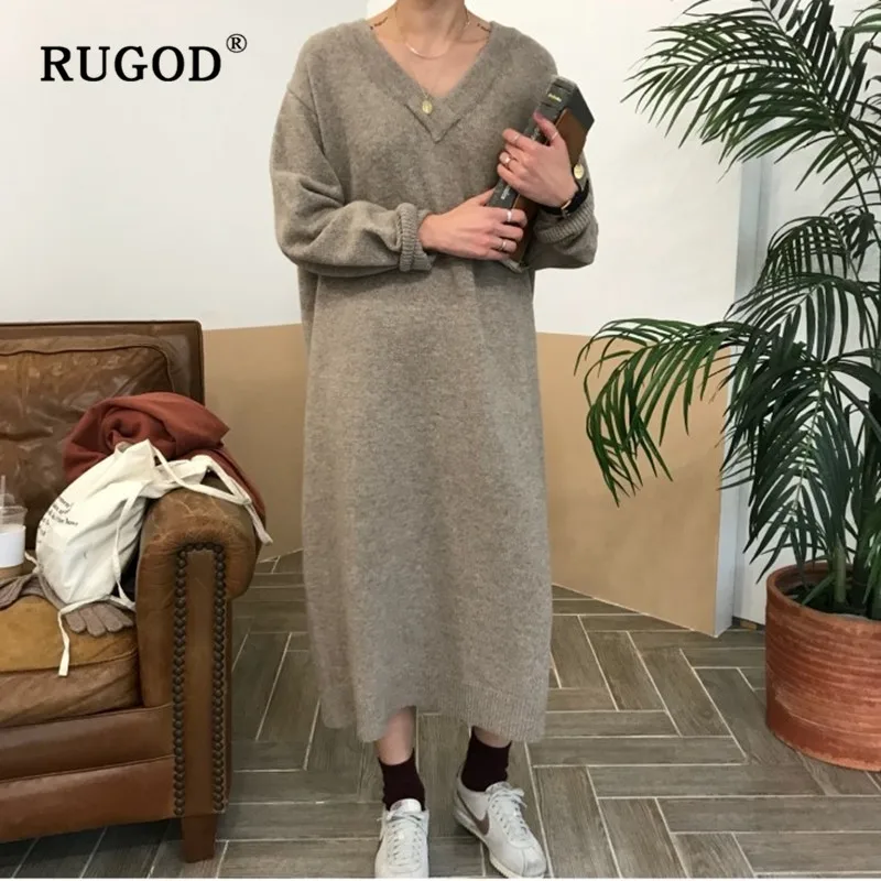 RUGOD 2019 Новое Женское трикотажное платье свитер с v образным вырезом и длинным
