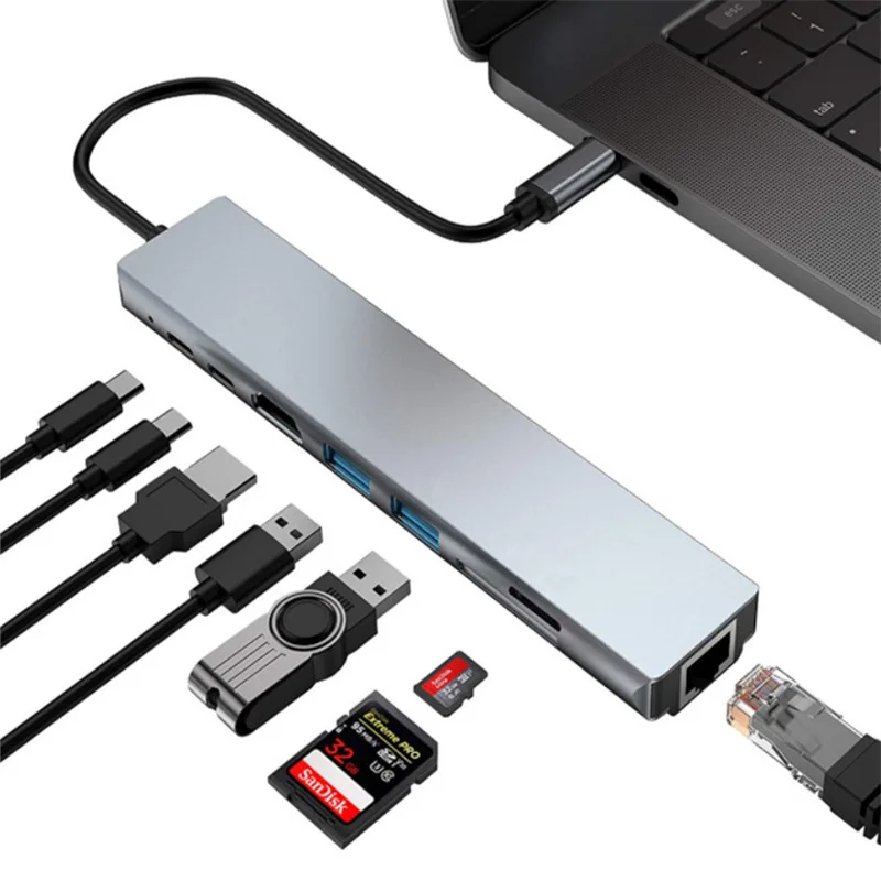 

Type-c To HDMI-compatible RJ45 USB3.0 SD TF PD Eight-in-one Expansion Dock Type C Hub