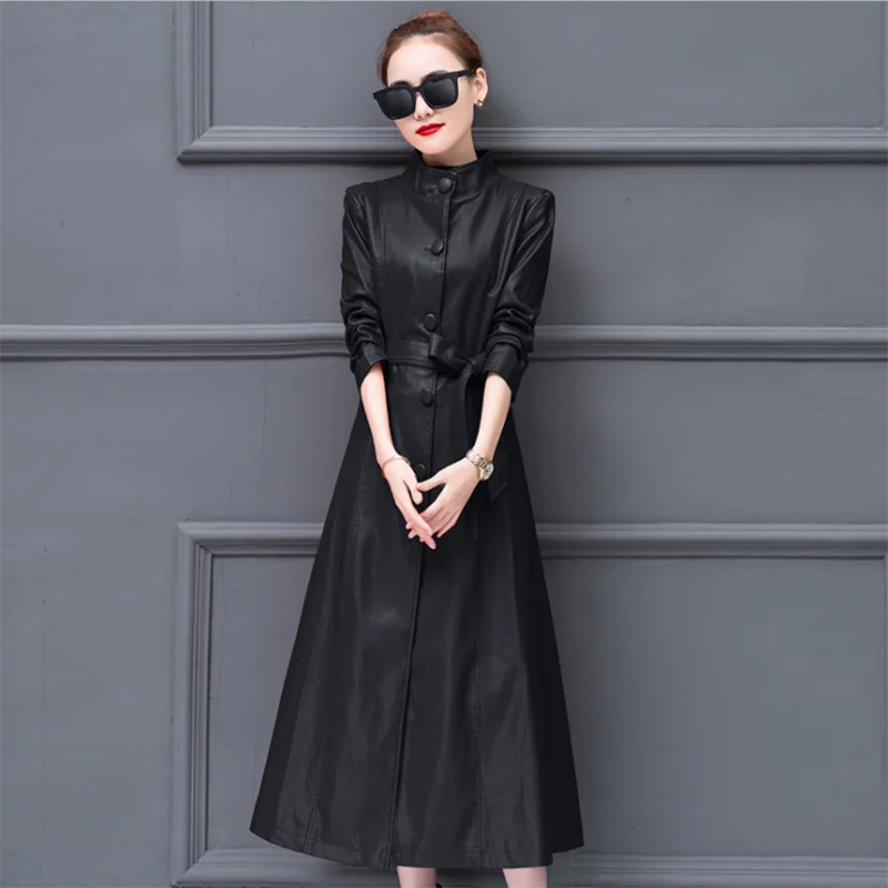 Enlarge High-quality leather women's spring autumn long Slim slim skinny trench coat leathers coat women's loose plus size overcoat