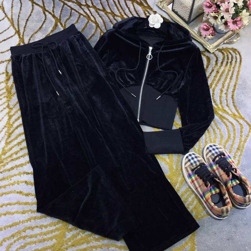 

Winter Fashion Casual 11.20 Long Sleeve Velvet Hooded Zipper Short Jacket Coat + Wide Leg Pants Comfortable Two Piece Set Women