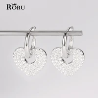 925 sterling silver big heart shape drop earring piercing pendiente luxury crystal pave fashion clips jewelry gift for women