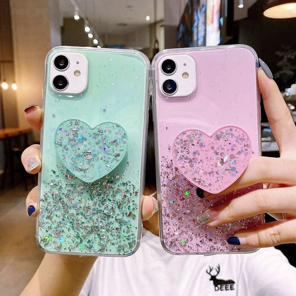 

Glitter Silicone Case For Vivo V20 SE V21 V21E X60 X50 X30 X9 X9S X27 Pro X20 V15 V17 V19 V5 V7 V9 Plus Clear Cover Heart Holder