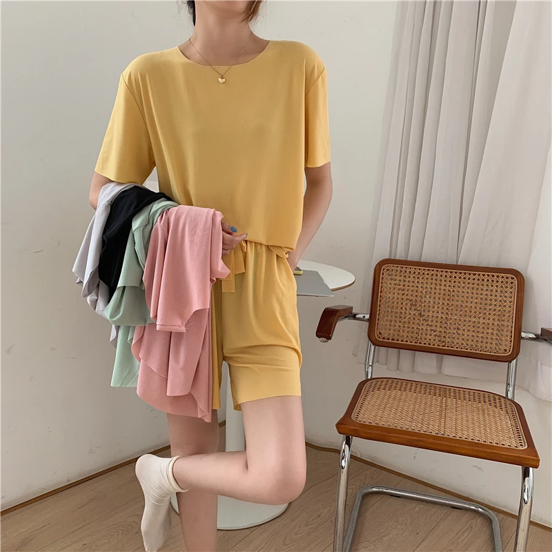 

2021Summer Korean Loose Round Neck T-Shirt + Wide Leg Shorts Two-piece sets Women's Casual Tracksuit Fashion Outfit Suit Tide