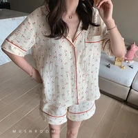 qweek cotton suits with shorts girl korean womens pajamas kawaii pyjama cherry print pijama short sleeve sleepwear nightie pjs