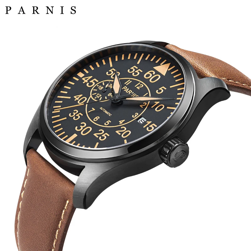 Часы наручные Parnis Мужские механические автоматические в стиле милитари с