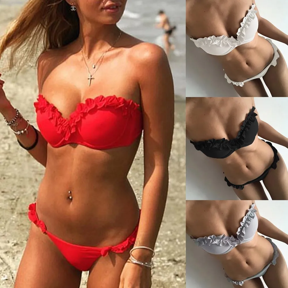 Bandeau Bikini Swimwear Women Swimsuit Sexy Ruffle Set Push Up Bathing Suit Female Brazilian Solid Color 2021 | Женская одежда