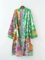 women print satin oversized long kimono cardigan blouse summer 2021 fashion ladies beach wear cover up shirt female top