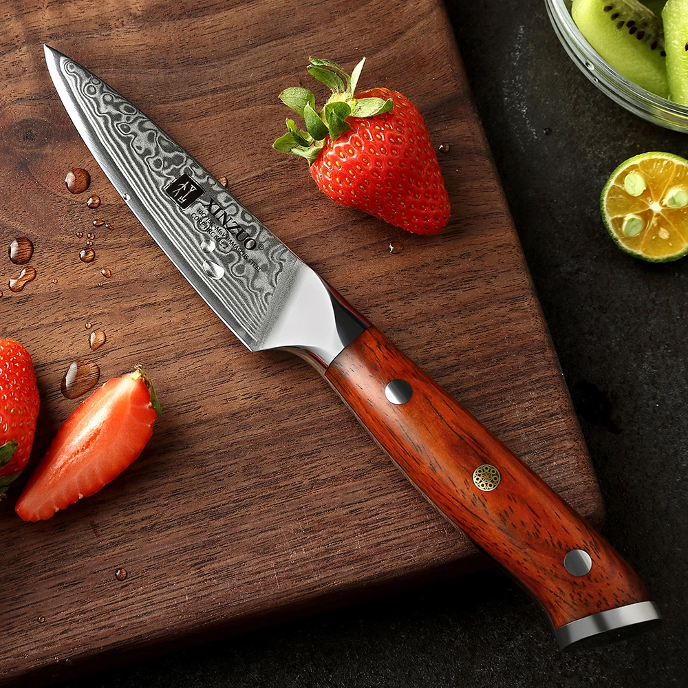 

Brand 3.5'' Inch Paring Kitchen Knife Handmade Damascus Steel Rosewood Handle Japanese Carved Peeling Knife Kitchen Tools