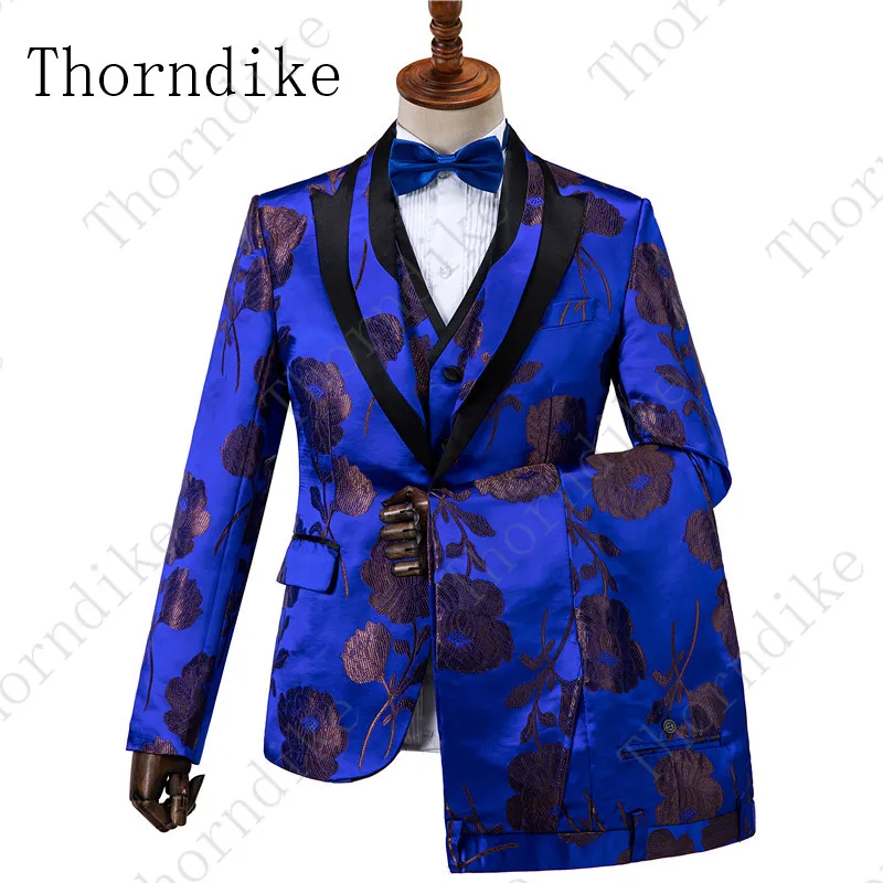 suit 4 Thorndike Новое поступление мужские костюмы темно-синий, с цветами напечатаны 3 шт. смокинг винтажные свадебные костюмы для шафера Terno Masculino - Цвет: suit 4