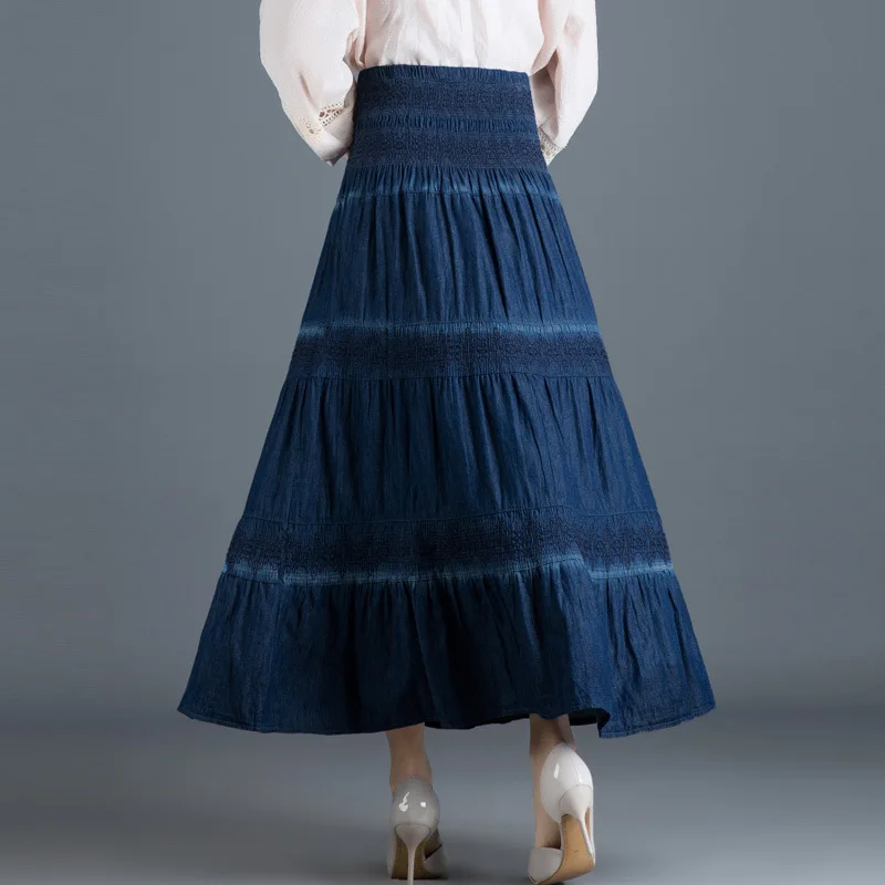 Женская винтажная длинная джинсовая юбка плиссированные юбки длинные